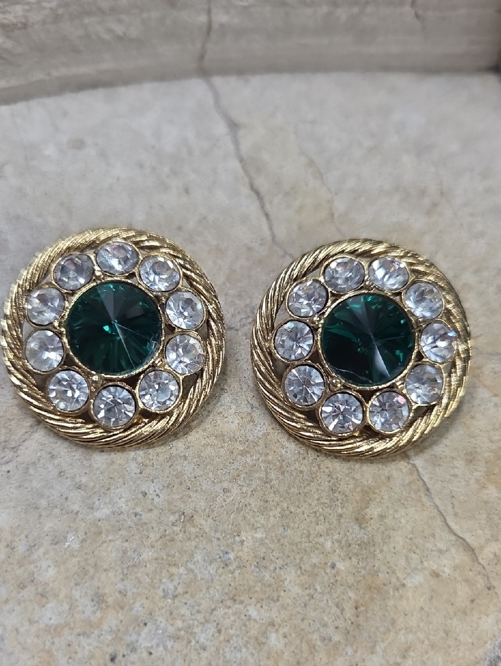 Vintage Gold-Tone Clip On Earrings with Emerald Crystal Center and Clear Crystal